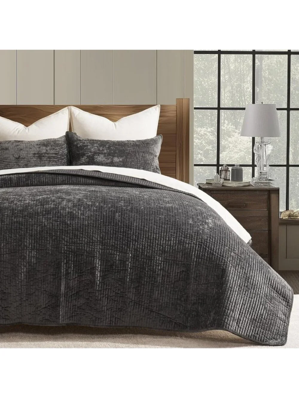 Luxurious Striped Velvet Quilt Set, King Size, Soft Washed Black Bedding